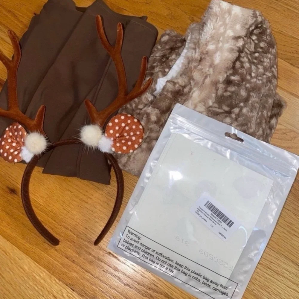 Deer Halloween Costume. Complete w/Fur Vest, Antlers; Bodysuit. Kids Large.